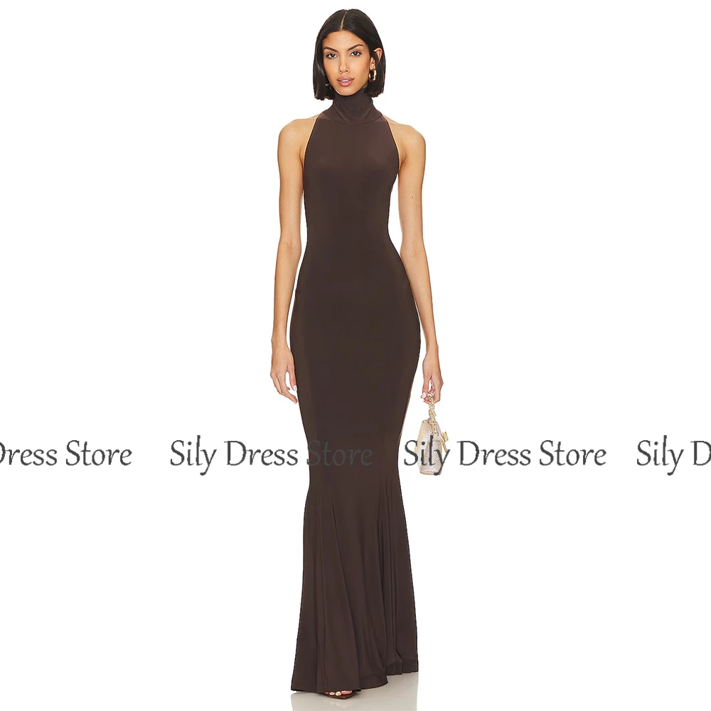 Brown Ceremony Dresses Jersey Mermaid/Trumpet Party Dress Halter Ruched Sexy Valentine's Day Gown Maxi 2024