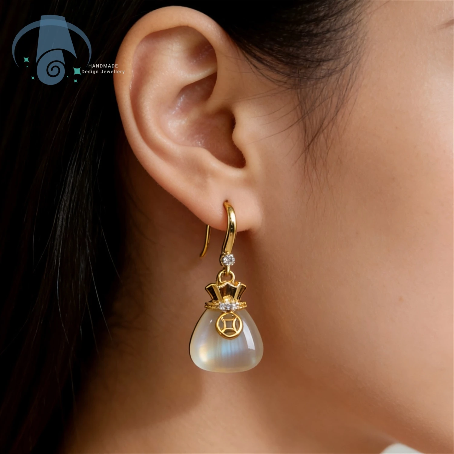 Natural Cat Eye Gemstone Coin Purse Drop Hook Earrings for Women Vintage Gold Plated Lightweight Elegant Daily Office Commuting