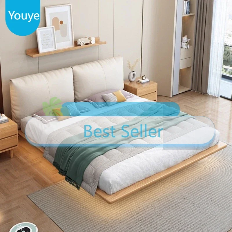 ZL O Nordic All Solid Wood Suspended Bed With Lamp Double Bed 2 People 150x200 180x200 Cm Beds Bases And Frames Bedroom Furnitur