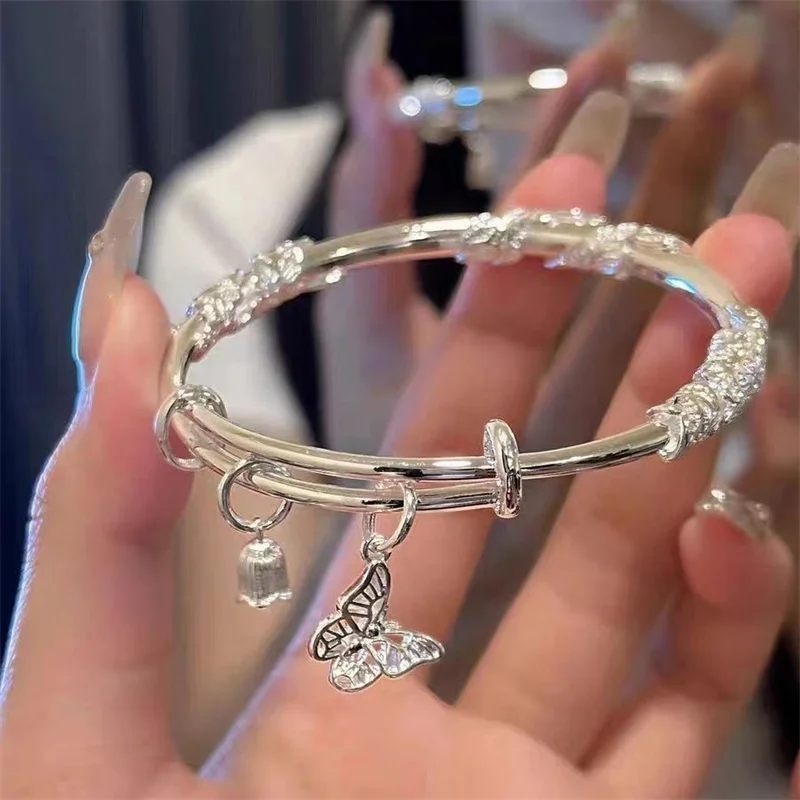 999 Sterling Silver Adjustable Bangle for Women, Floral Butterfly & Lily of The Valley Pendant Bracelet