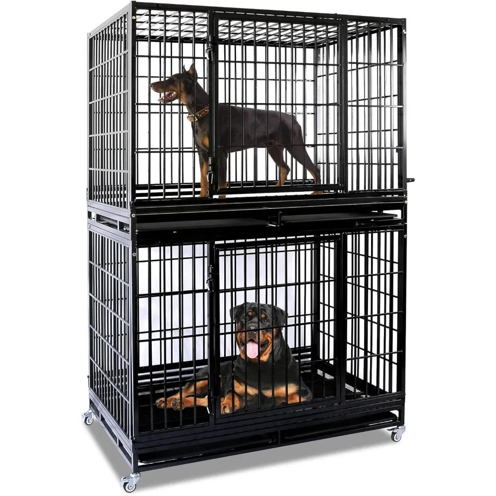 

48 Inch Heavy Duty Dog Crate Indestructible, Collapsible Dog Cage with Wheels, Tray, High Anxiety Dog Kennel Indoor Double Door