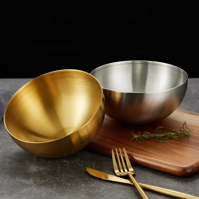 Hot Round Stainless Steel Gold and Silver Salad Bowl Rice Noodles Lamian Noodles Bowl Kitchen Tableware Food Container