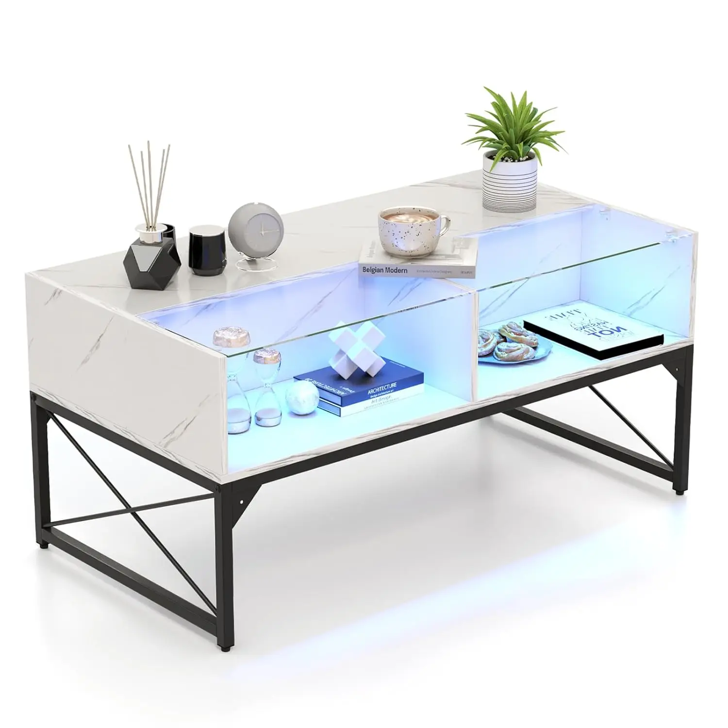 

LED Coffee Table, High Glossy Center Table with 4 Storage Cubes, Faux Marble & Tempered Glass Top, Customized