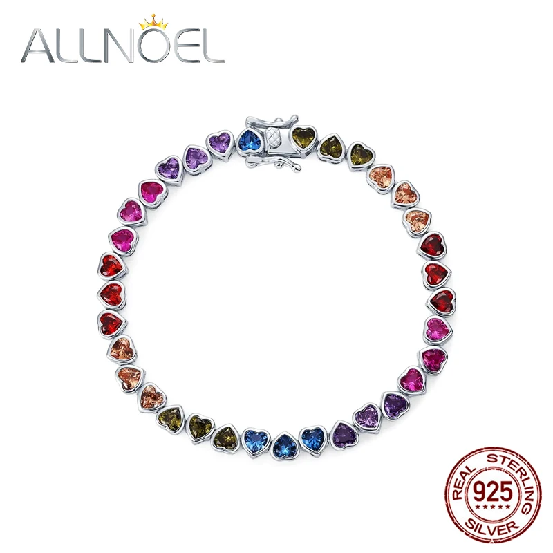 

ALLNOEL Solid 925 Sterling Sliver Tennis Bracelet For Women Colorful Zircon Inlaid Heart shape Rainbow CZ Jewelry Wholesale