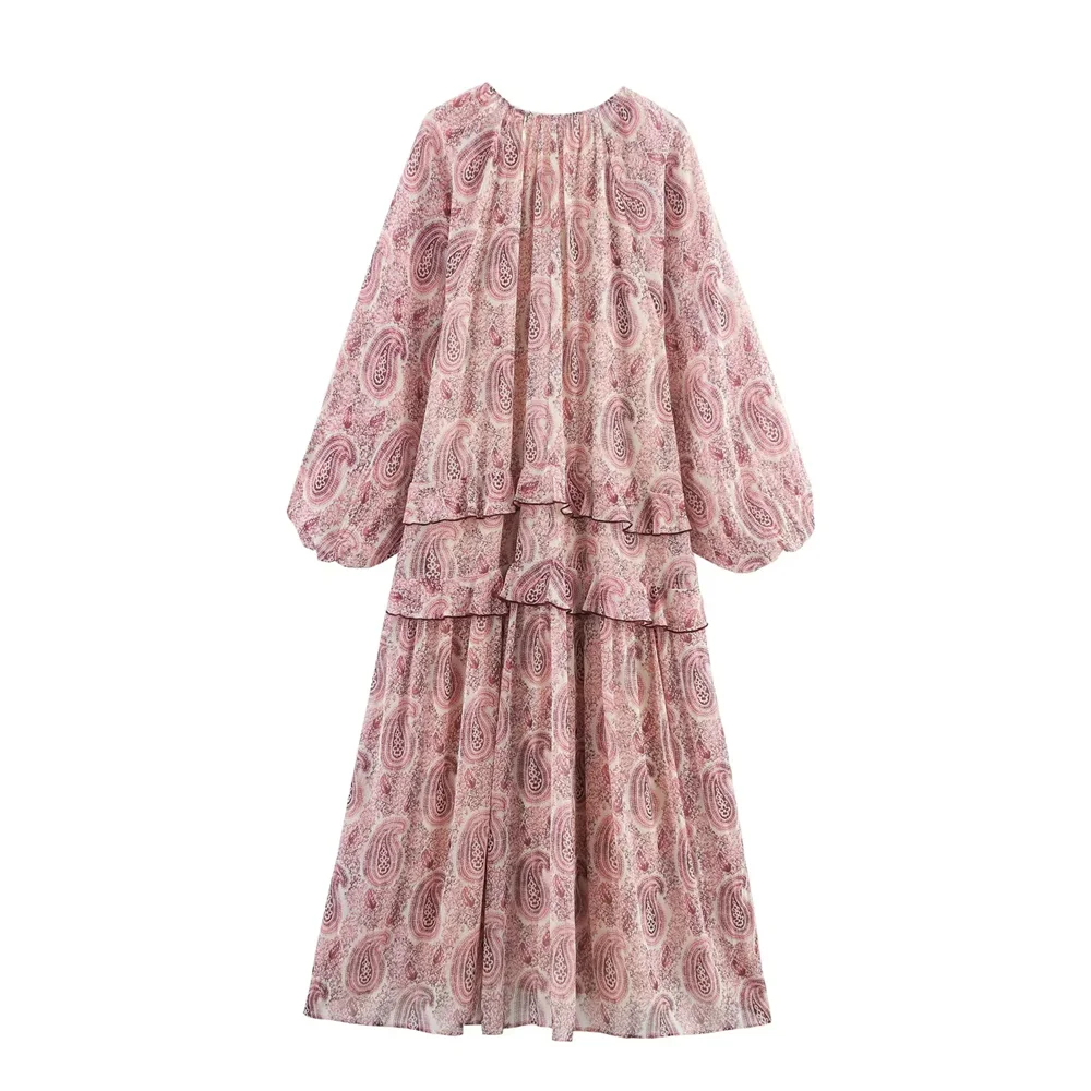 Bm & md & za2025temperament em camadas impressão decorativa solta manga longa com decote em v vestido verão nova chegada roupas femininas