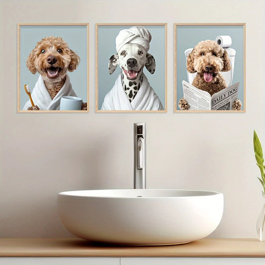 （NO Frame 3PCS）-3pcs Modern Unframed Dog Bathroom Art Posters, Funny Pet Portrait with Newspaper, Trendy 8x10 Inch Paper Wall