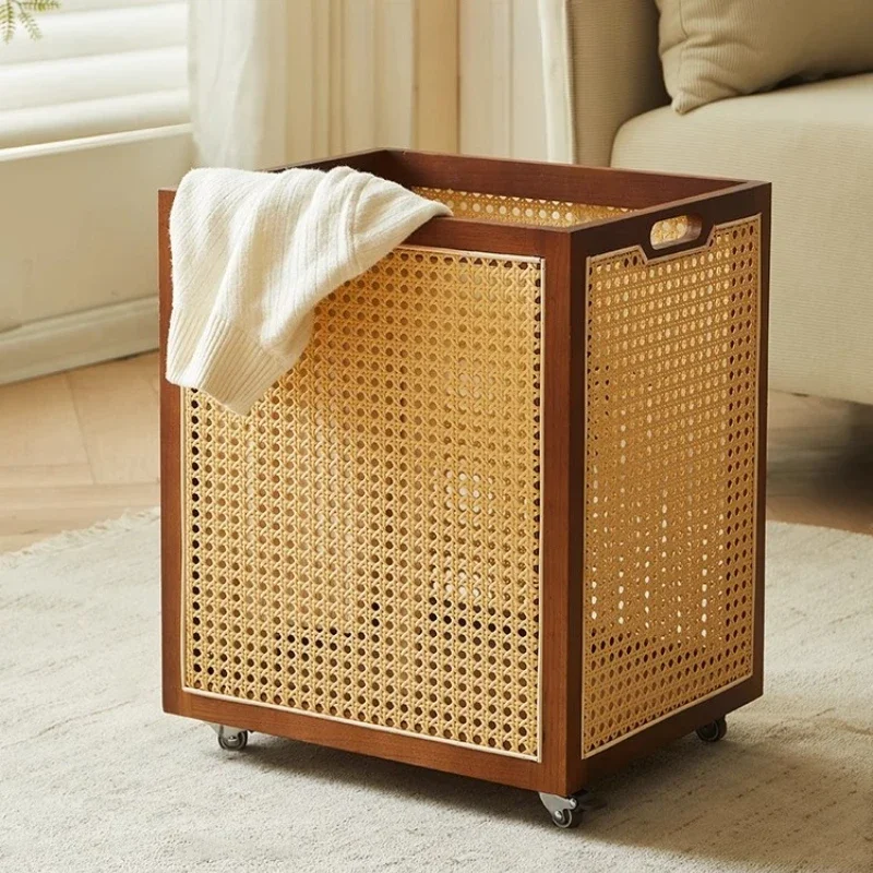 Solid Wood Laundry Basket with Woven Rattan High Capacity Hamper for Plush Toy Rustic Laundry Holder Bedroom Clothes Storage Bin