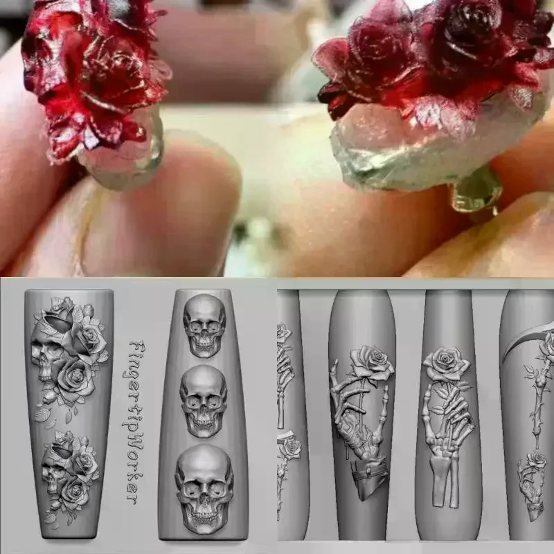 /JCS/Flower Skull Silicone Nail Art Molds DIY Skeleton Hand Design Transparent Carving Mold Nail Art Decorations Rose