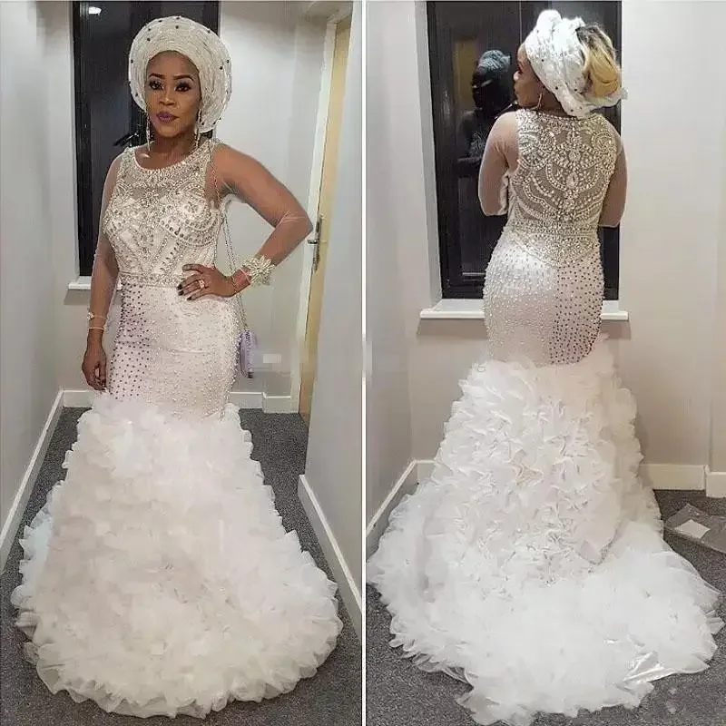 

Customized African Nigeria Mermaid Wedding Dresses Plus Size Jewel Neck Bling Crystal Beaded Organza Ruffles Tiered Custom Forma