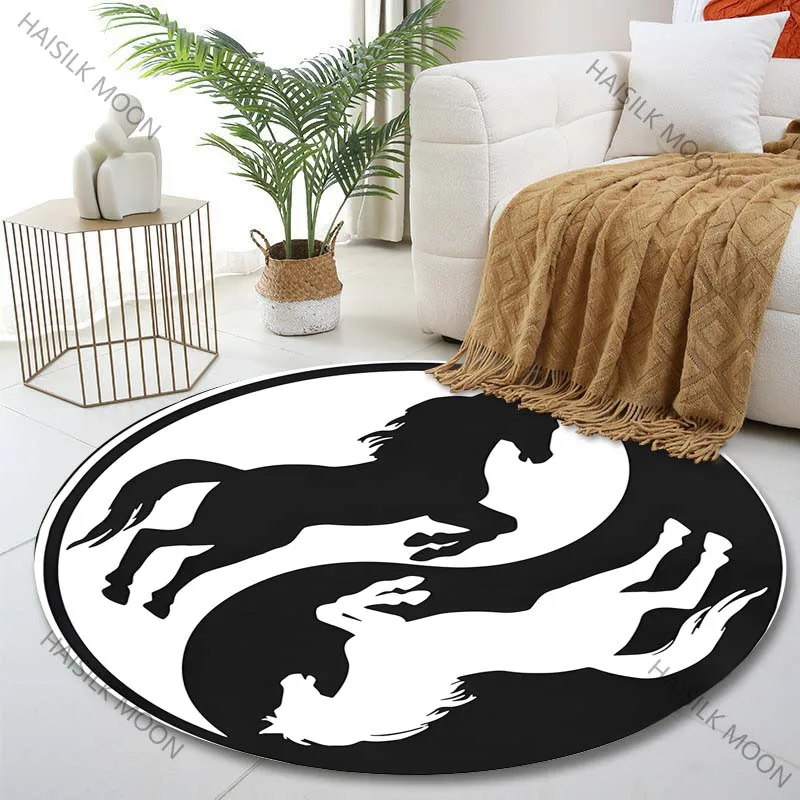 Multiple sizes Horse Yin Yang symbol Print Round Carpet Living Room Bedroom Table Chair Sofa Decorative Carpet Luxury gifts