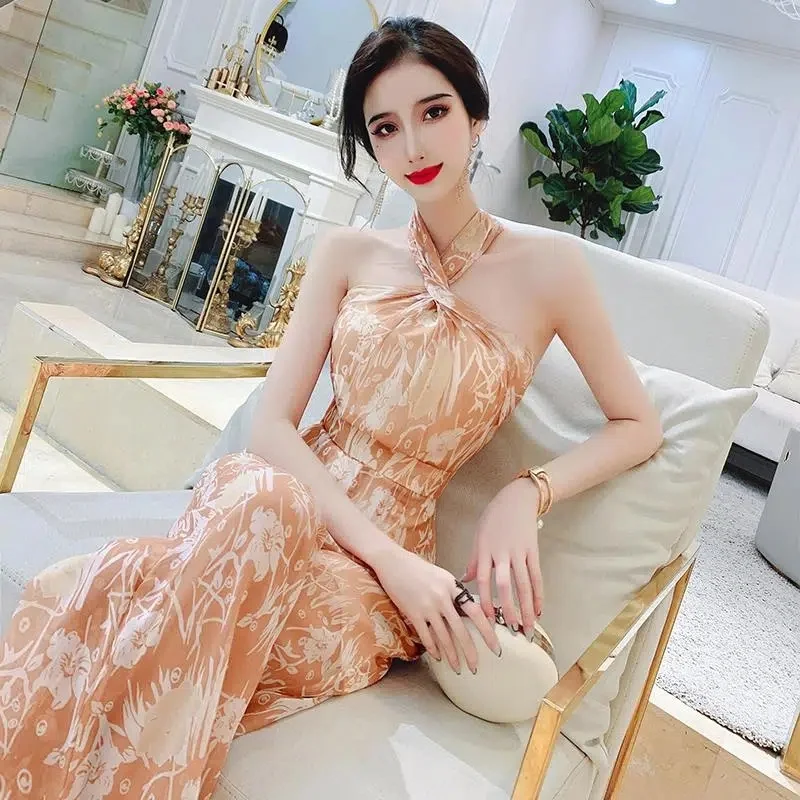 

Summer 2023 New Hanging Neck Off Shoulder Jumpsuit Women's Printed Chiffon Waist Wrapped Jumpsuit Temperament Wide Leg Pants