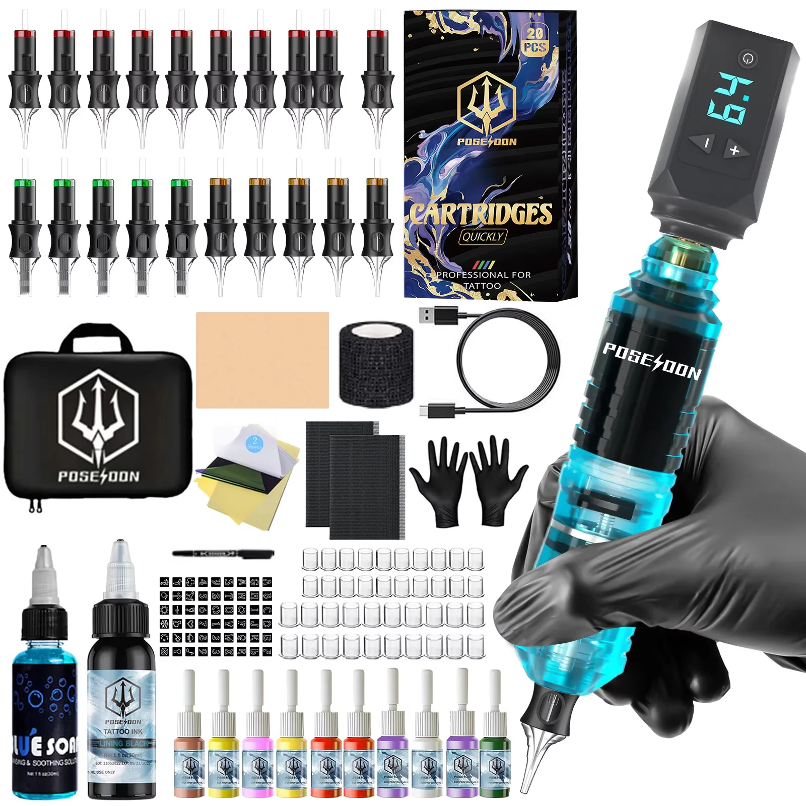 Tattoo Kit POSEIDON V5 High Power Tattoo Pen Kit For Permanent Makeup Tattoo Machine Kit Blue Tattoo Power Supply Tattoo Gun Kit