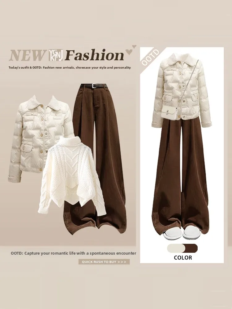 

Retro Simple Style Coffee Color Wide Leg Pants Set Women's Winter Turn-down Collar Cotton Clothes Layered Knitted Base Warm T...