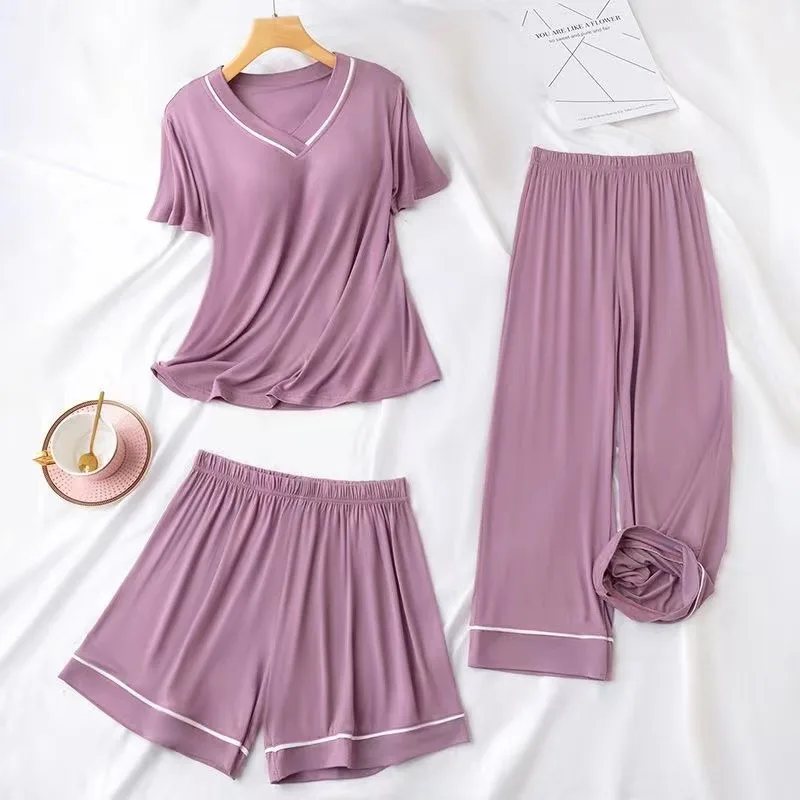 2024 Modal padded pajamas for women in summer, thin and loose short sleeved capris shorts set, three piece home clothing set