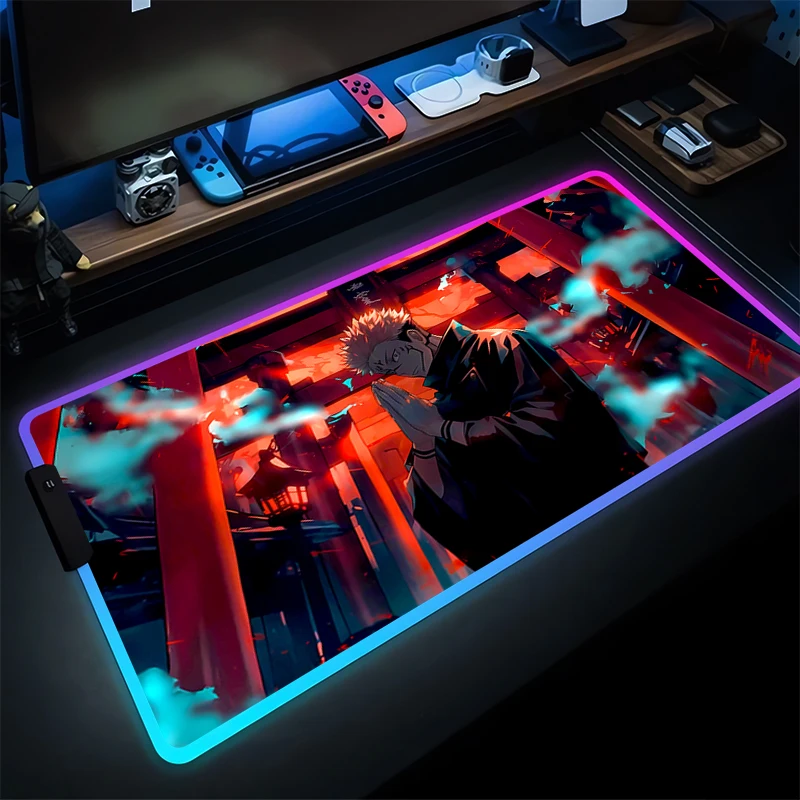 Gaming Muismat Anime RGB PC Computer J-jujutsu K-kaisen Sukuna Gamer Uitgebreide Desktop Muis Mat LED Laptop lichtgevende Muismat