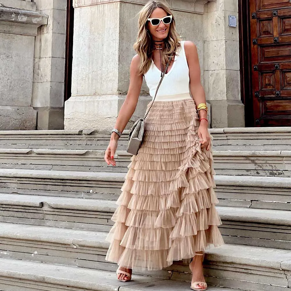 Casual Womens Solid Ball Gown Long Skirt Tulle High Waist Pleated Tutu Skirt Elegant Ladies Wild Mesh Dating Maxi Skirts Drop