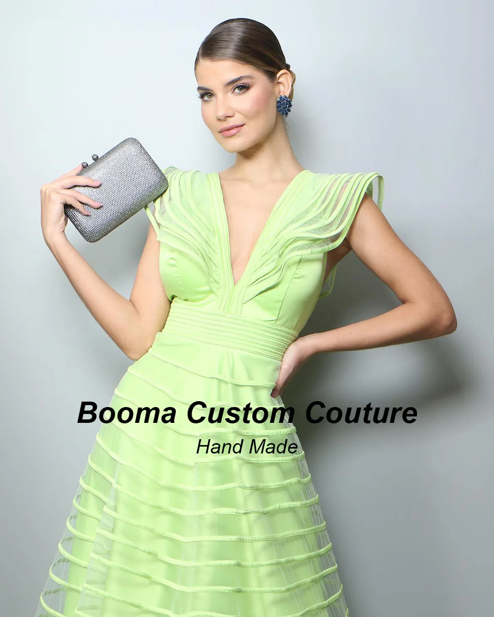 Booma Green A Line Organza Women's Evening Dresses Deep V Neck Formal Events Dresses Night Party Prom Gowns formales vestidos