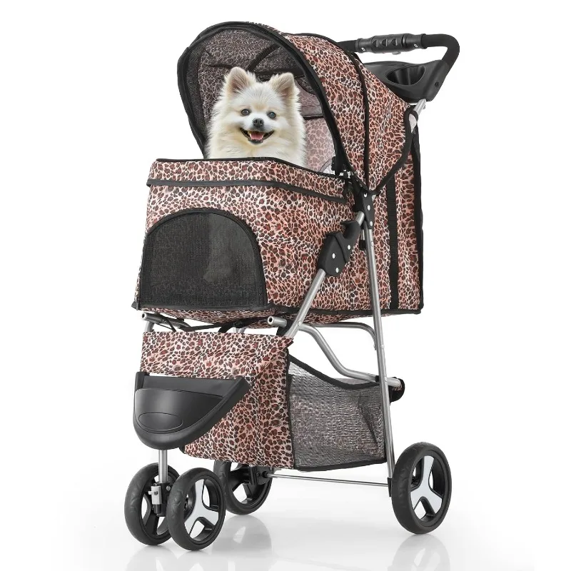 3 Wheels Pet Dog Cat Stroller for Small Medium Dogs Cats, Lightweight Foldable Jogger Stroller w/Storage Basket & Cup Holder,