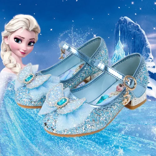 Sandalias de princesa Disney para niñas, zapatos para niños Frozen Elsa, zapatos para niños, moda para niñas, zapatos de tacón alto rosa y azul para bebés, talla