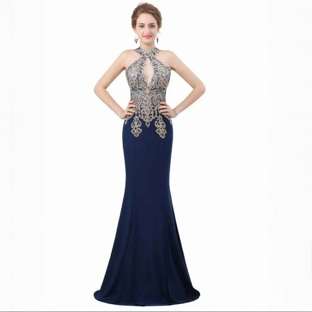 

KIVARY Sexy Key Hole Halter Gold Lace Backless Sheer Illusion Top Long Mermaid Prom Evening Dresses