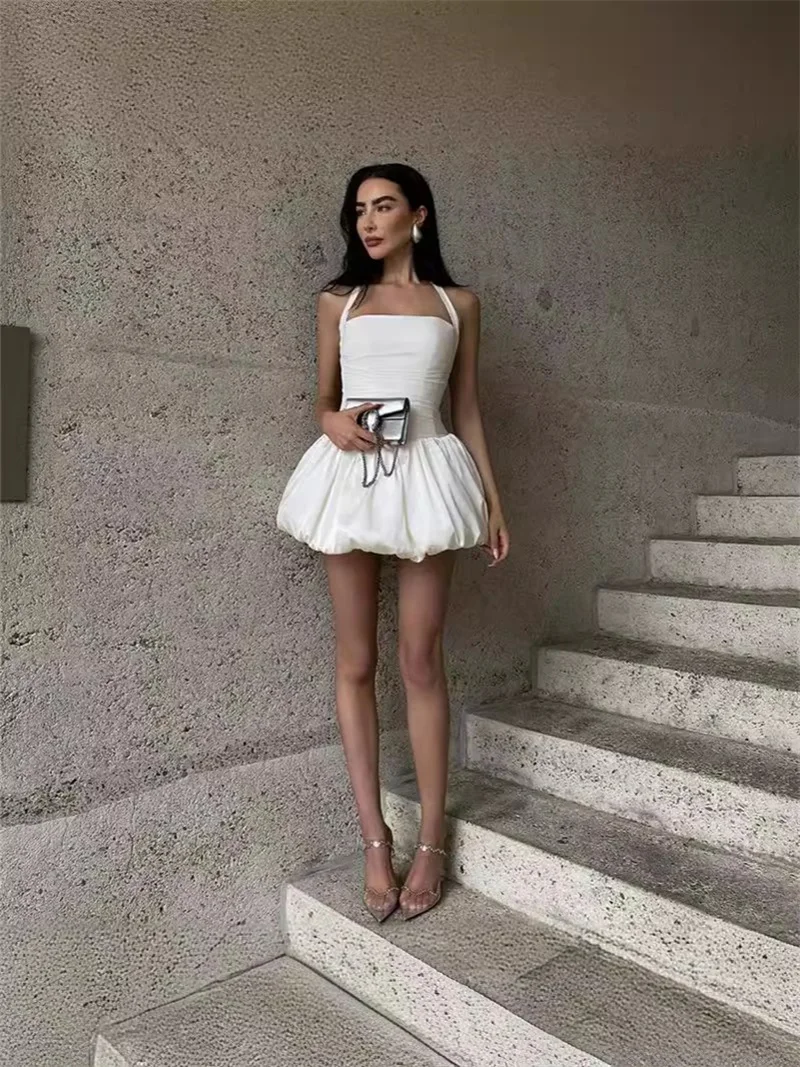 Vestido de graduación para mujer, minifalda corta con cuello Halter y cordones en la espalda, Sexy, sin mangas, para vacaciones en la playa