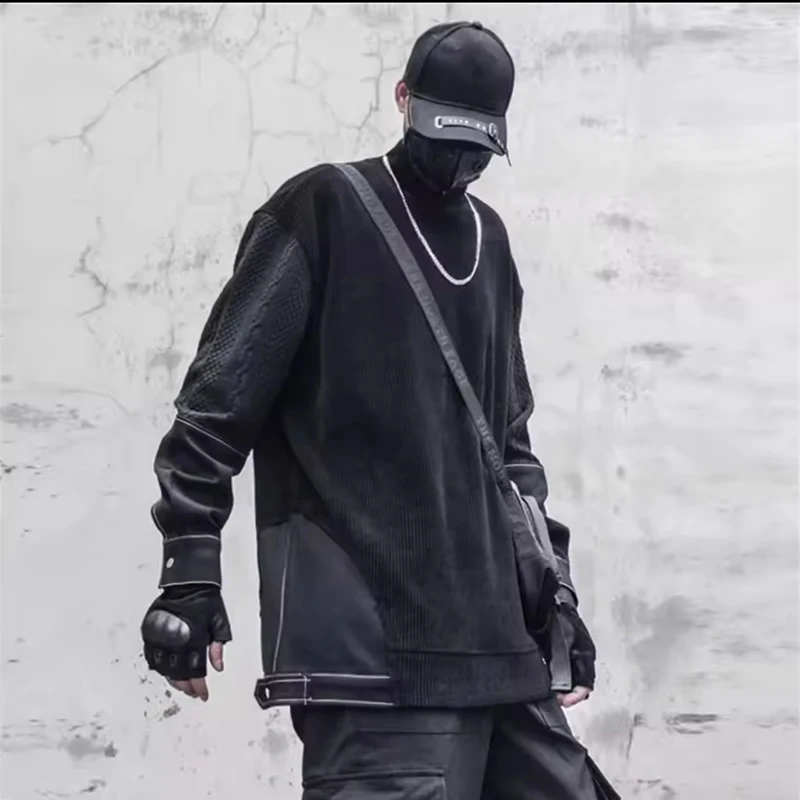 

Spring Turtleneck Hoodies Sweatshirts Men Corduroy Patchwork Pullover Men Streetwear Punk Oversized Hip Hop Techwear Sweatshirts