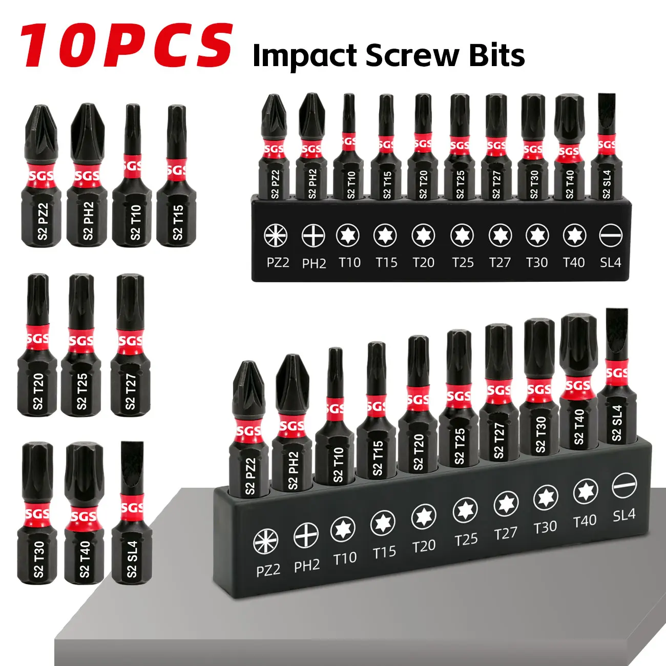 10 Pieces of Impact-Resistant PZ/SL/PH/Torx Screwdriver Bits, Wear-Resistant and Magnetic, 25mm, High-Grade S2 Steel 1/ 4inch Shank, with Black Base
