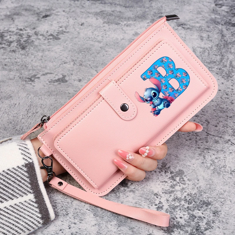 Stitch Disney Long Pu Wallet Cartoon 26 Letters Printed Handbag Anime Kawaii Portable Money Clip Fashion Storage Bags Gifts New