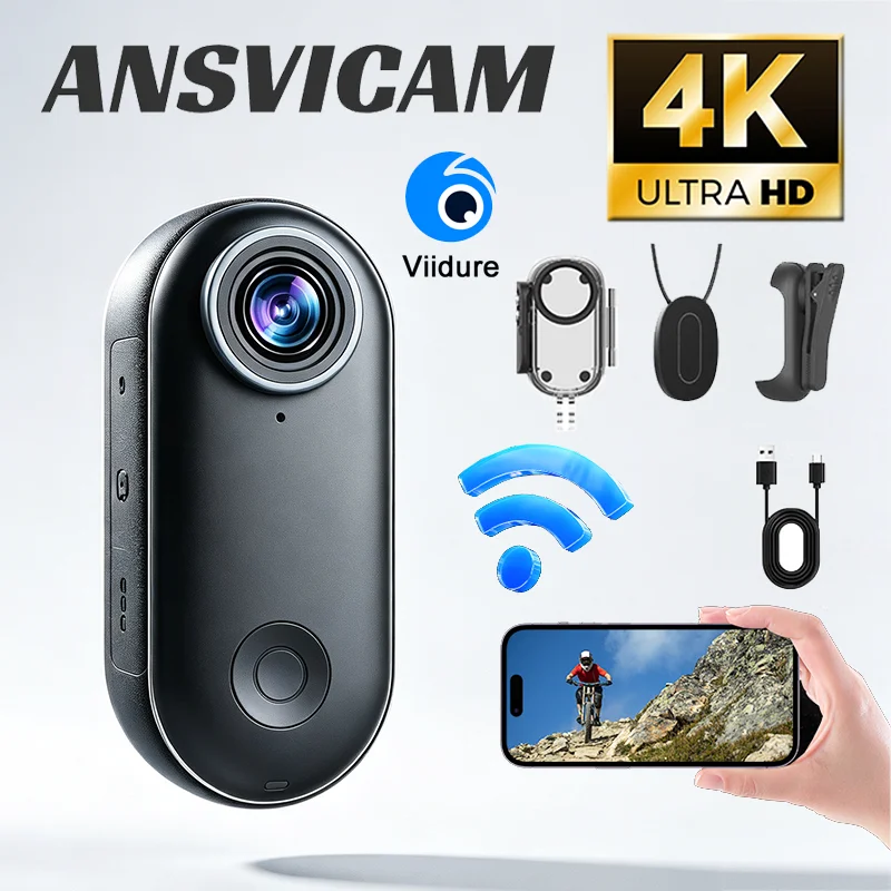 ANSVICAM 4K HD WiFi 썸 액션 카메라 미니 마그네틱 스포츠 캠 바디 모토 POV 웨어러블 비디오 방수 카메라 32/64G 카드