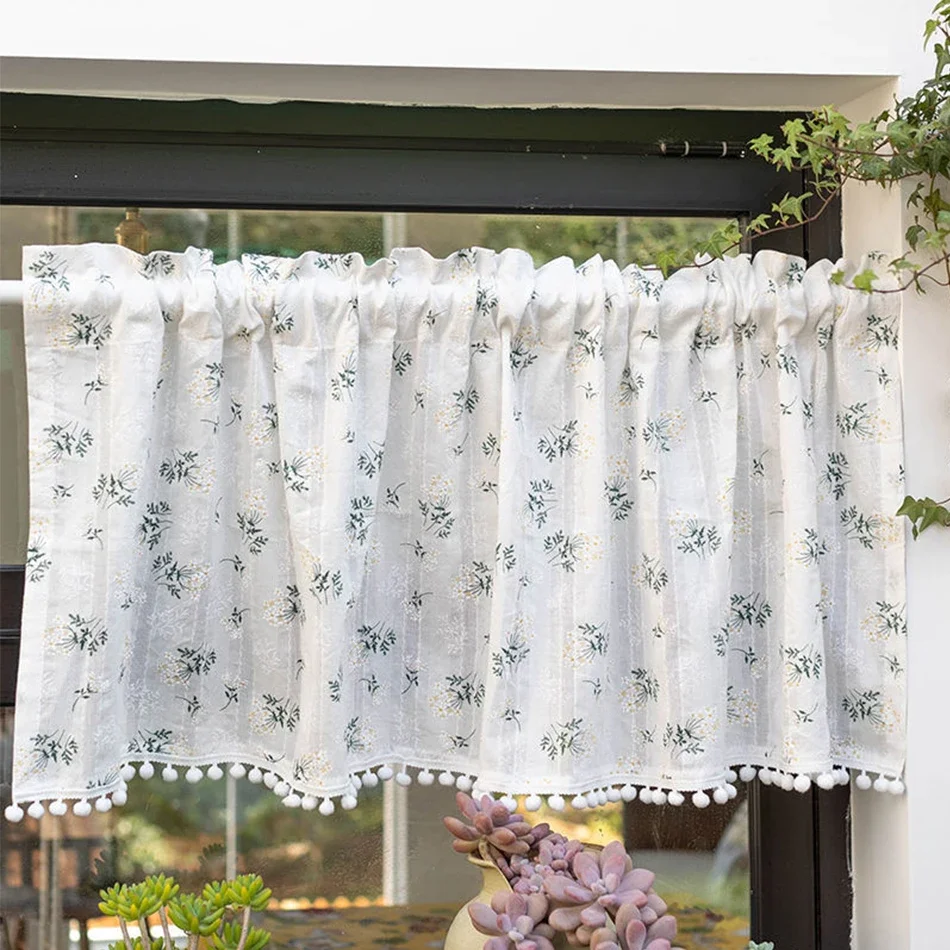 Korean Cotton Daisy Curtains Road Pocket Shade Curtain Floral Tassel for Kitchen Bedroom Living Room Bay Window Cabinet Curtain