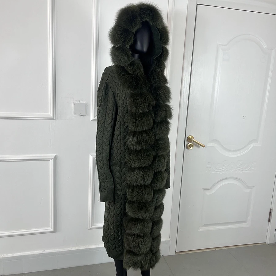 

Wool Capes Long Cardigan With Fox Fur Coat Cashmere Knit sweater Winter Women With Real Fox Fur Trims Full Sleeve