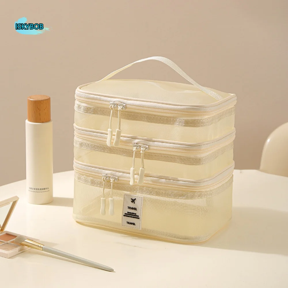 

Zipper Mesh Cosmetic Bags 1/2/3 Layers Large Capacity Double-layer Storage Bag Handheld Wash Pouch Toiletries Organizer Women
