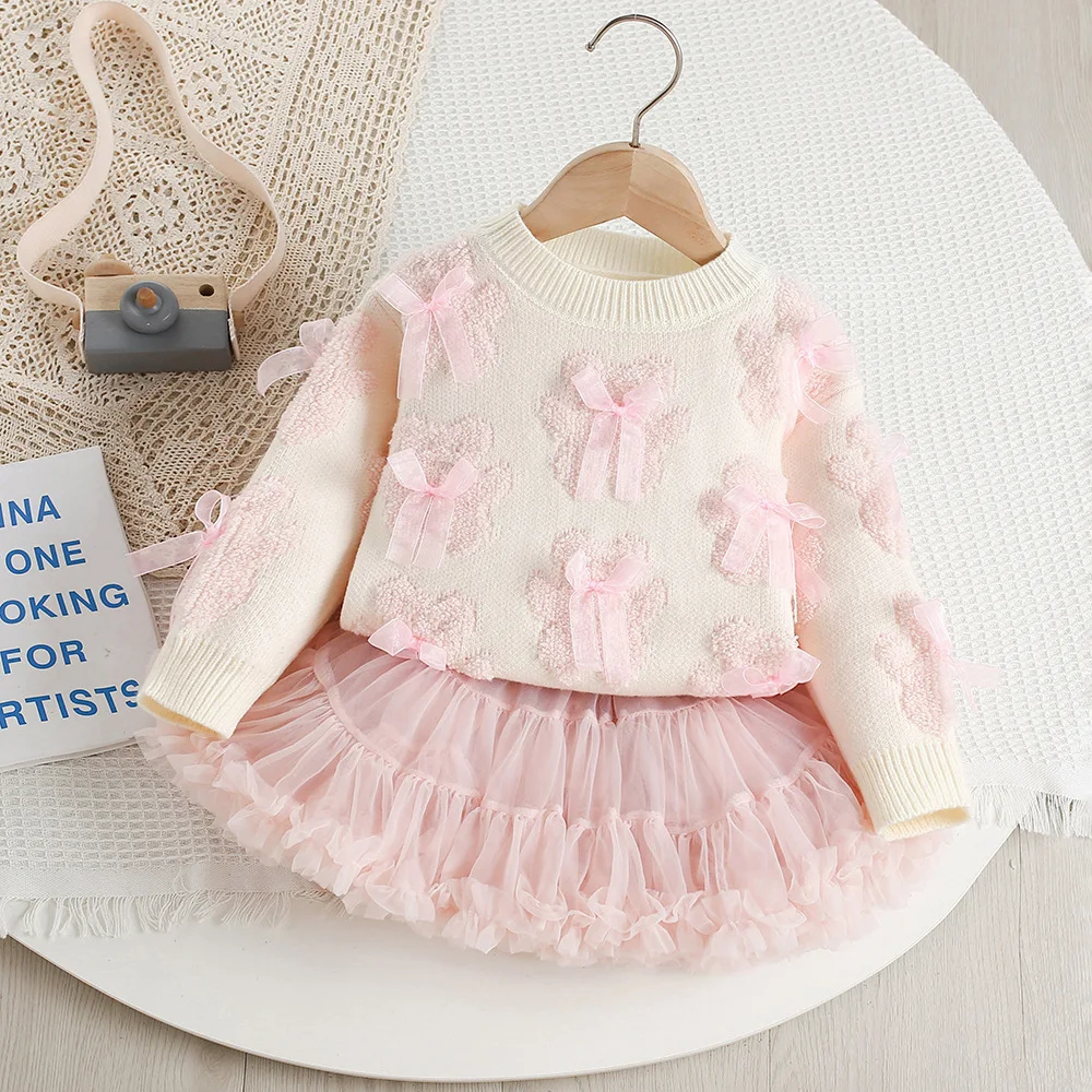 

LILIGIRL Autumn Kids Outfit Set Sweet Bear Bow Girl's Knitted Sweater And Mesh Skirt Korean Loose 9M-5T Children's Clothing 2PCS