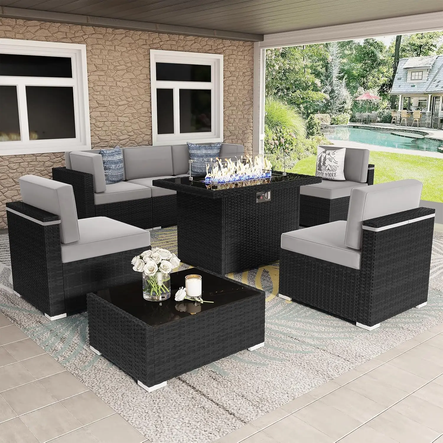 

8 Pieces Patio Furniture Set with 44" Propane Gas Fire Pit Table, Outdoor Sectional Wicker Conversation Sofa Sets with Coffee