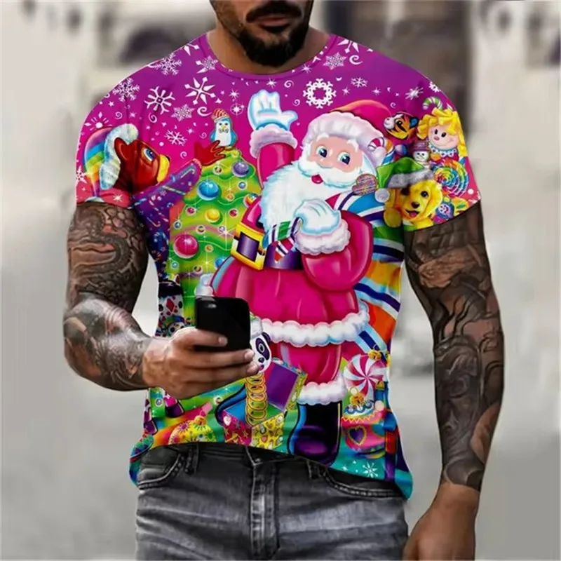 Cute Christmas Deer Pattern Men's Fashion T-Shirts Short Sleeve 3D Printed Street Hip Hop Christmas Style Tee 6XL Plus Size Tops