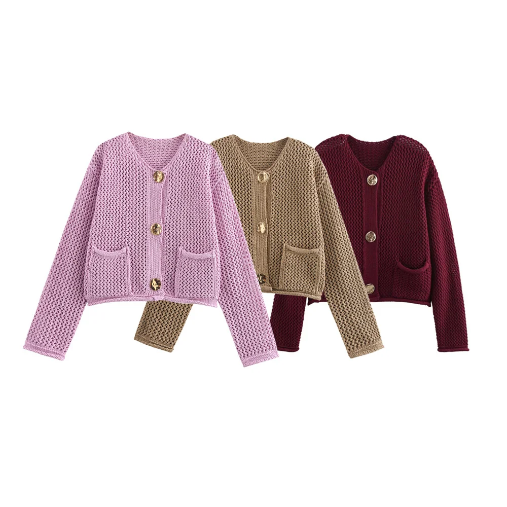 PB&ZA2024 Autumn New Product Casual Women's Fashion Versatile Solid Color Buckle Pocket Round Neck Long Sleeve Sweater