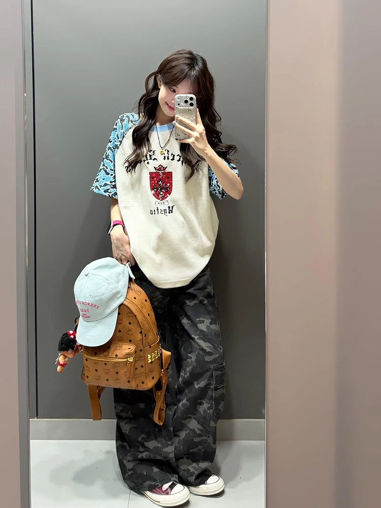 American Retro Striped Camouflage Color Block Shoulder T-Shirt Women's Loose Summer Casual Style Top Breathable Short Sleeve