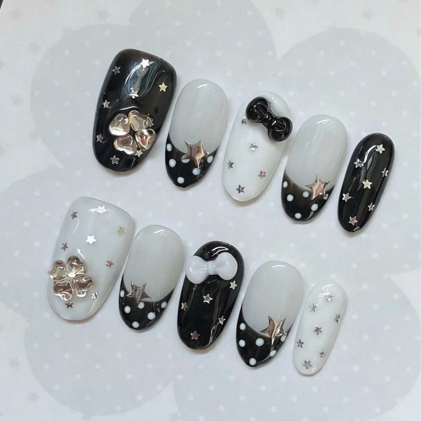 10pcs Medium Oval Black White Polka Dot Star 3D Bow Press On Nails, Gift For Women, DIY Nail Art, Fake Nails, Handmade Nail Set