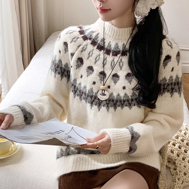 

Осень-зима, новый элегантный цветной свитер с круглым вырезом, женский элитный жаккардовый свободный вязаный пуловер, повседневная верхняя куртка