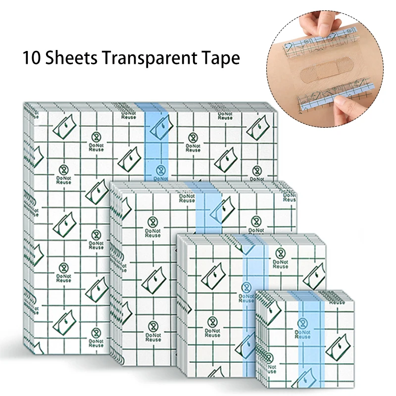 10Sheets Waterproof Transparent Tape PU Film Medical Adhesive Plaster Anti-allergic Wound Dressing Tape First Aid Kit Band Aids