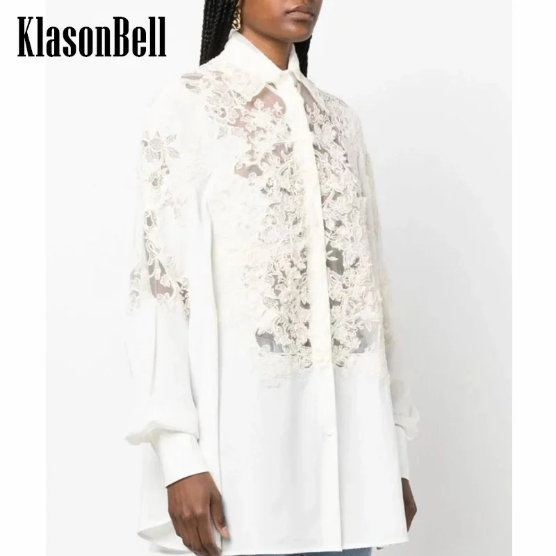 

7.25 KlasonBell Women Fashion Lace Embroidery Spliced Silk Long Sleeve Shirt With Sexy Sheer Mesh Suspender Lining 2 Piece Set