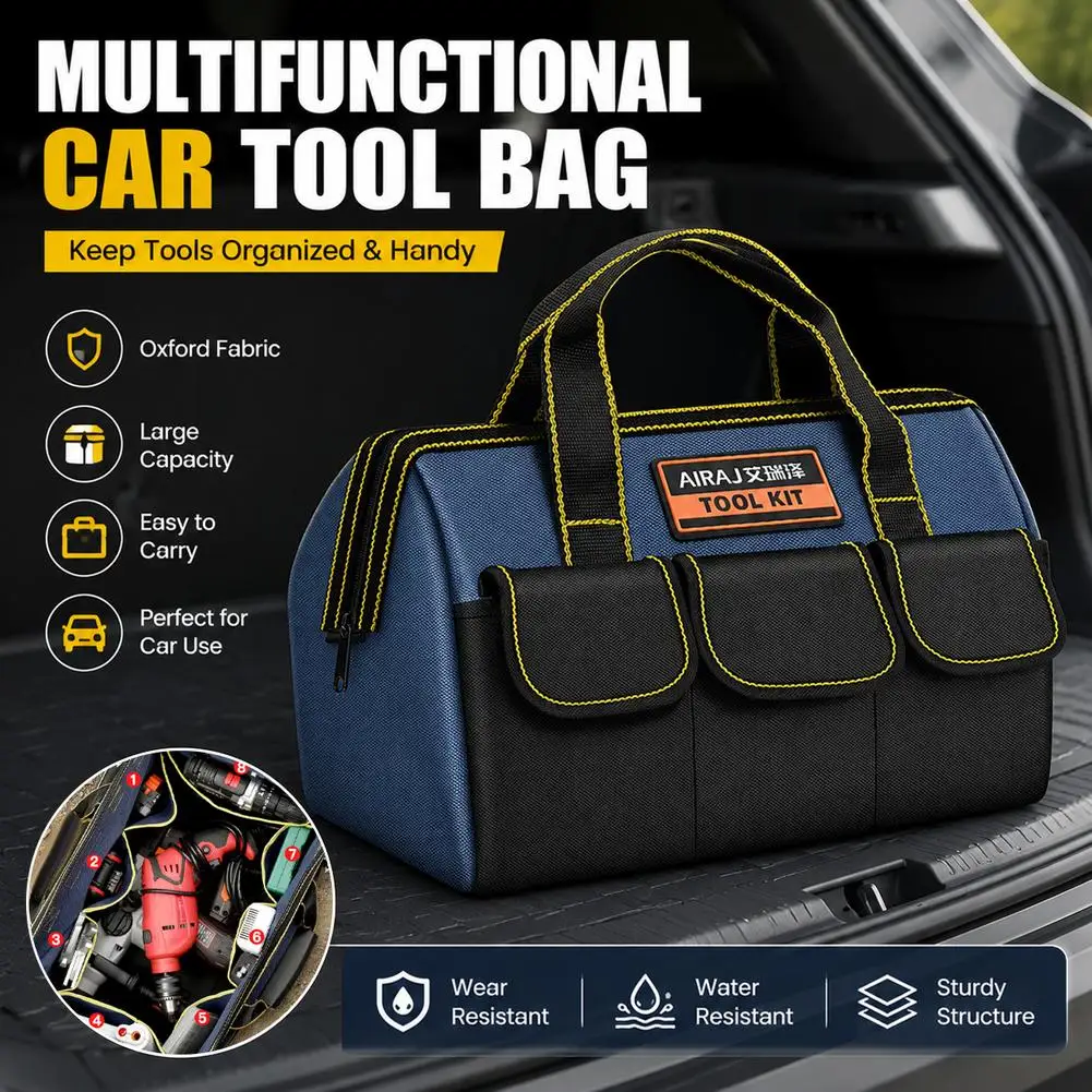 Heavy Duty Canvas Tool Bag Large Capacity Multi Pockets Car Trunk Storage Organizer Electrician Hardware Tools Bag