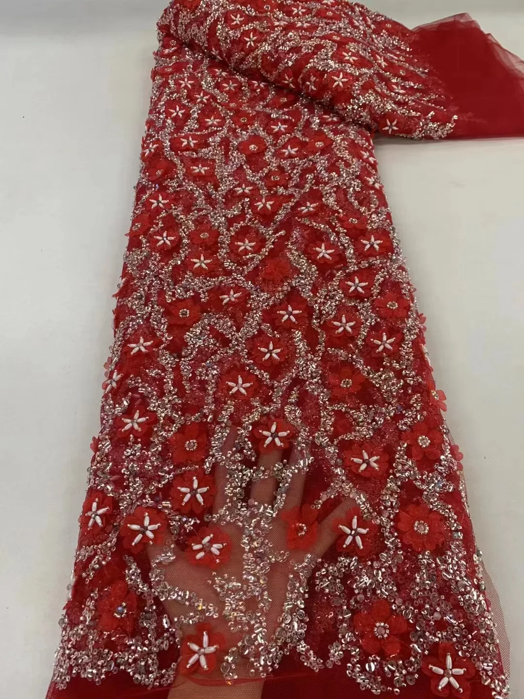 

Red African Handmade Beads Sequins Lace Fabric, French Groom Embroidery, Nigerian Lace for Sewing, High Quality, Luxury, 2024