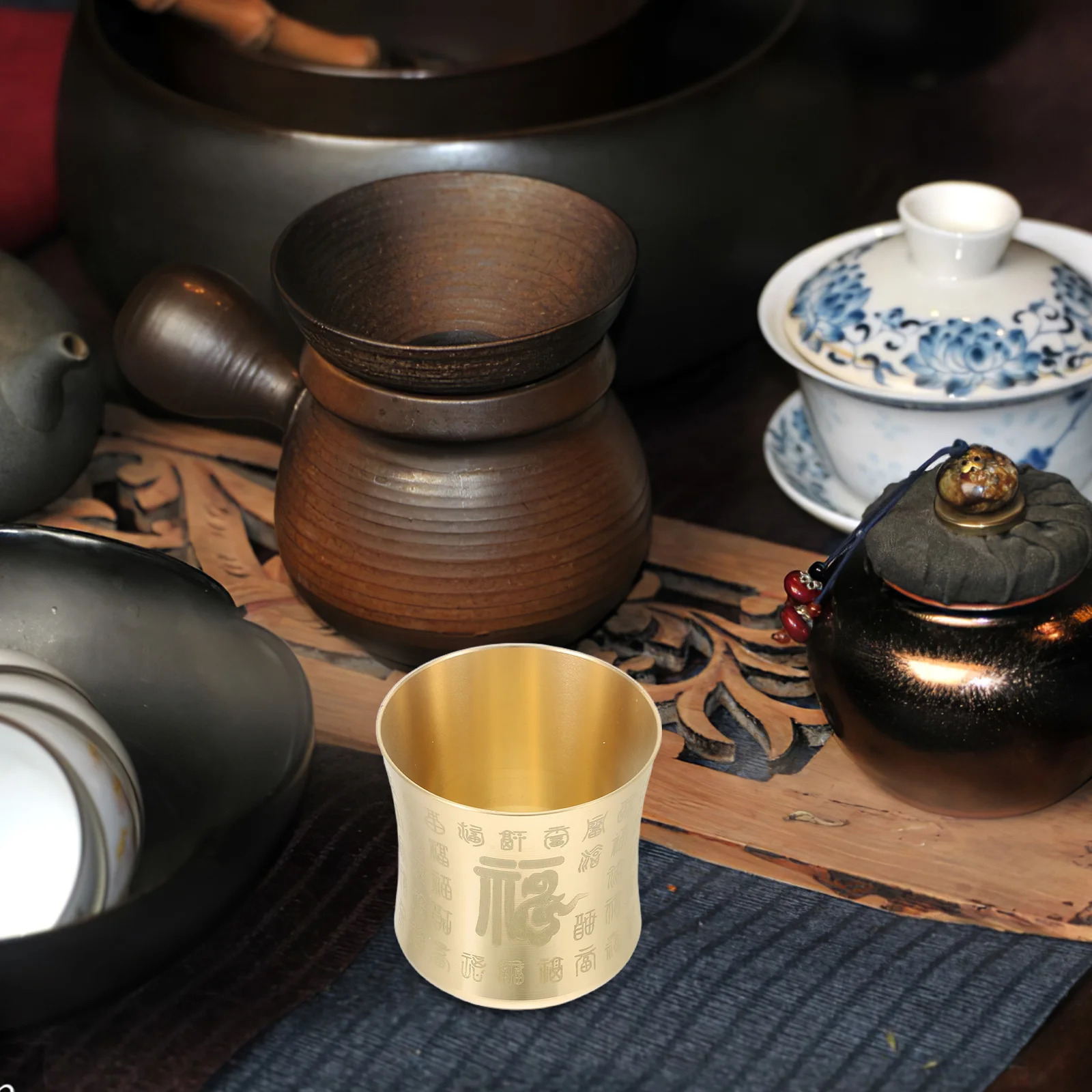 

2Pcs Retro Teawares - Brass Tea Cup - Classic Chinese Handleless Mug for Fengshui Altar - Tibetan Worship Bowl Kung Fu