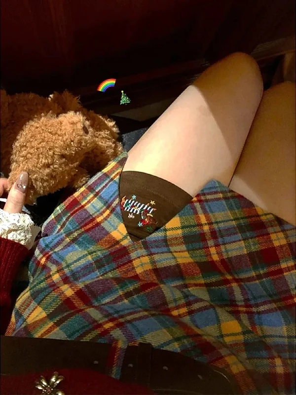 

plus Size Cisas Plaid Embroidered Skirt Women's Autumn Winter Slimming Skirts High Waist Pleated Korean Sle