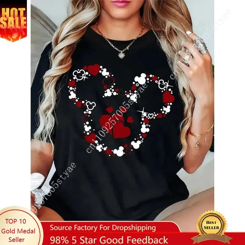 

Women's Black Cotton 180g Graphic Print T-Shirt with Heart and Mickey Mouse Inspired Design Casual Crewneck Shortsleeve Tee for