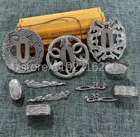 세트 독특한 스테인레스 스틸 츠바 핸드 가드 구리 후치 카시라 메뉴키 실제 일본 일본 사무라이 카타나 검 피팅