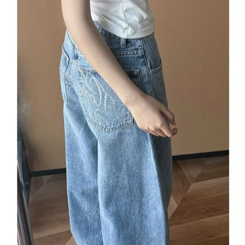 워시드 라이트 블루 아메리칸 레트로 데님 바지 여성용 여름 루즈 드레이피 와이드 레그 롱 바지 다목적 캐주얼 청바지