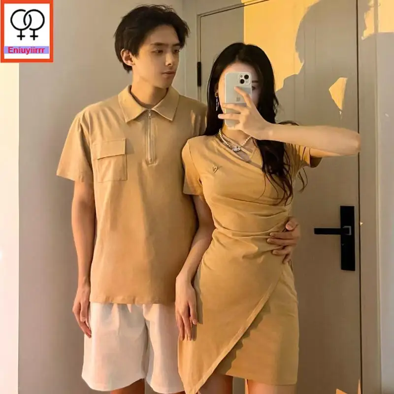 Matching Couple Clothes Outfits Male Female Lovers Holiday Valentine\'s Date Honeymoon Retro Vintage Cotton Shirt Dress