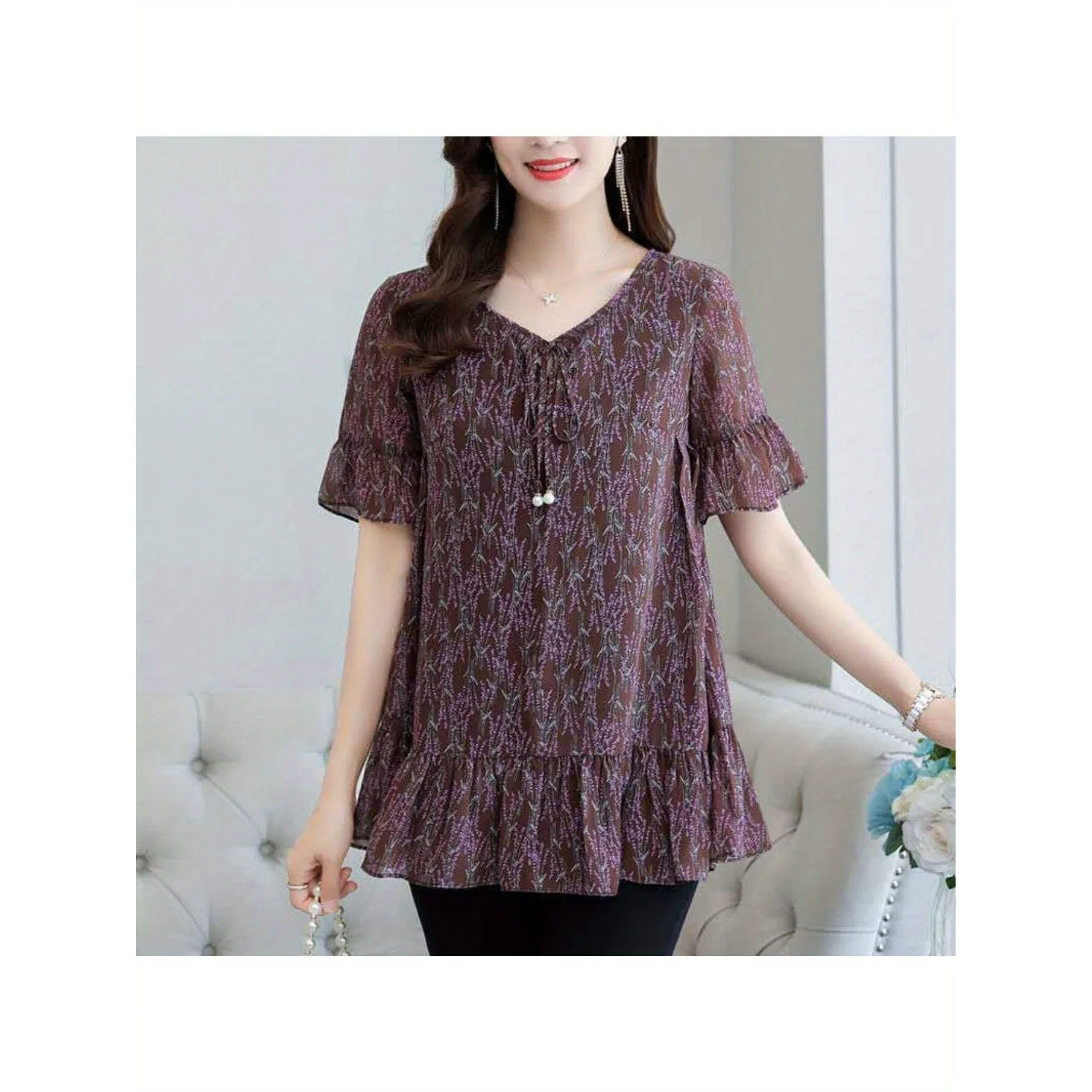 

Loose Floral Summer Top Women's plus Size Shirt Princess Sleeve Non-deformable Other Material 100% Fat Little Sister Top